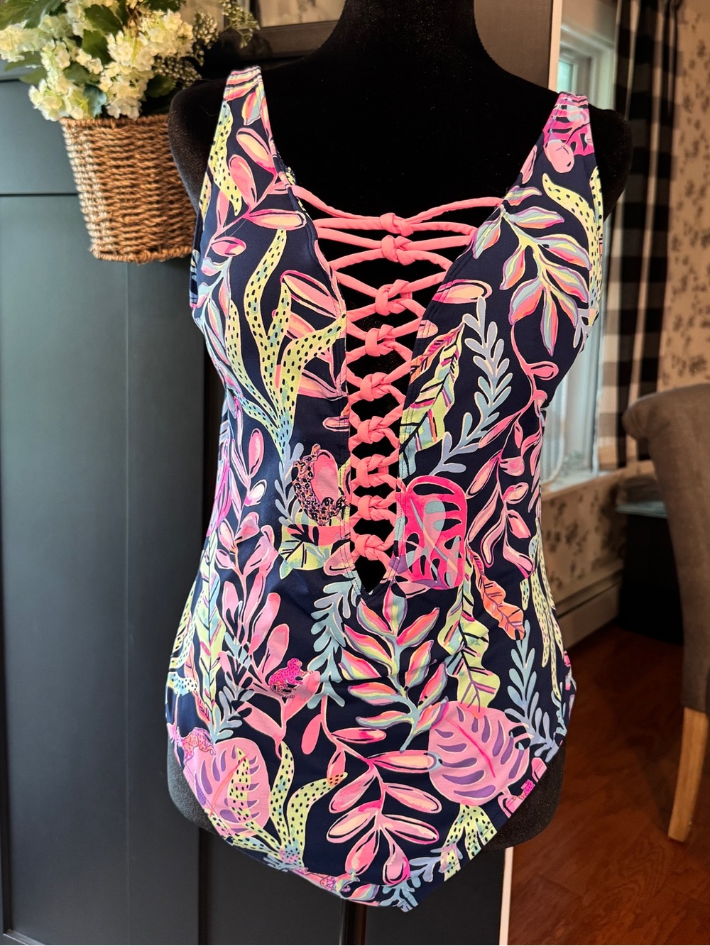 Lilly Pulitzer Isle Lattice 1-piece swimsuit Oyster Bay Navy You've Been Spotted
